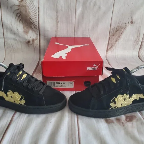 Puma Suede Dragon Sneakers Jr Big Kids Size 7 Black Metallic Gold